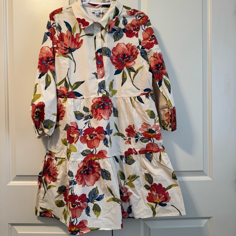 Tahari ASL Floral Long Sleeve Tiered Bohemian Dress - Red and Green